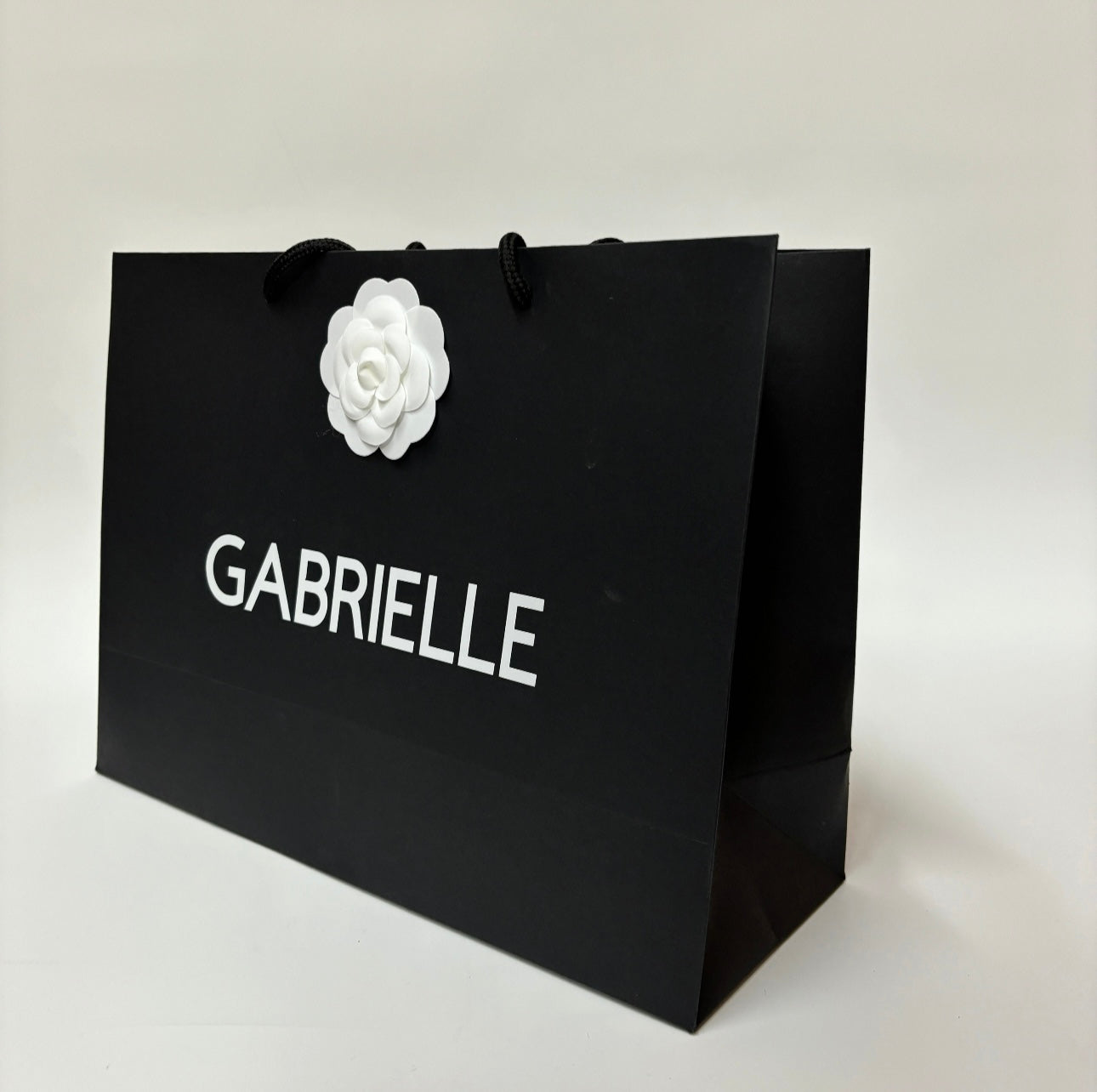 PERSONALISED BLACK & WHITE GIFT BAG WITH CAMELLIA FLOWER