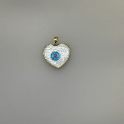 GLASS GOLD TRIM EVIL EYE HEART WHITE CHARM PENDANT