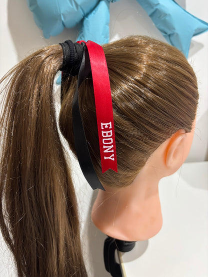 TEAM HAIR RIBBONS 2 COLOURS 15MM VERTICAL COLLEGE FONT