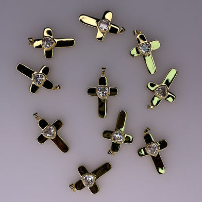 GOLD CROSS CHARM PENDANT WITH CRYSTAL HEART