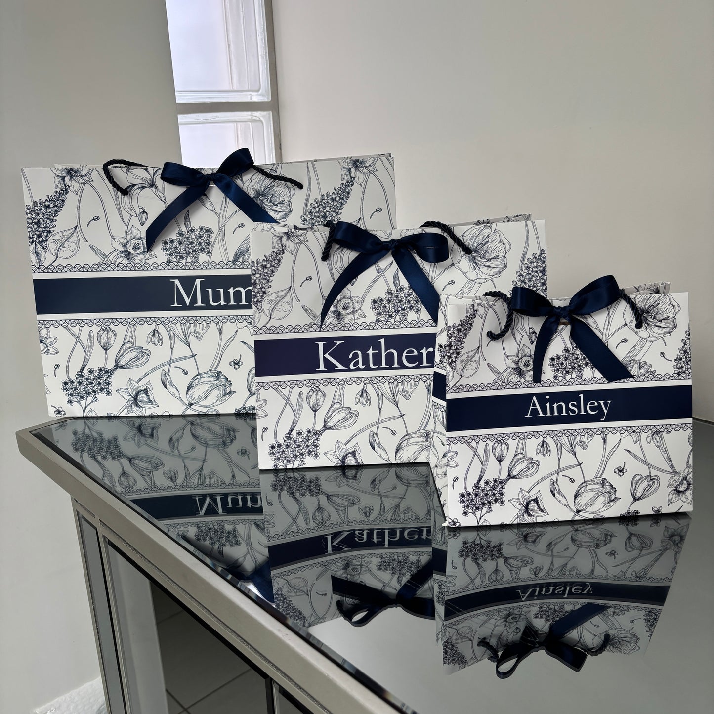PERSONALISED NAVY & WHITE FLORAL GIFT BAG
