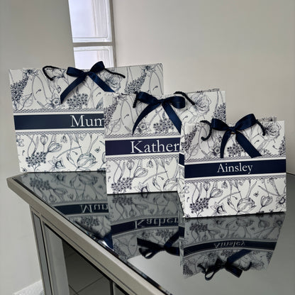 PERSONALISED NAVY & WHITE FLORAL GIFT BAG