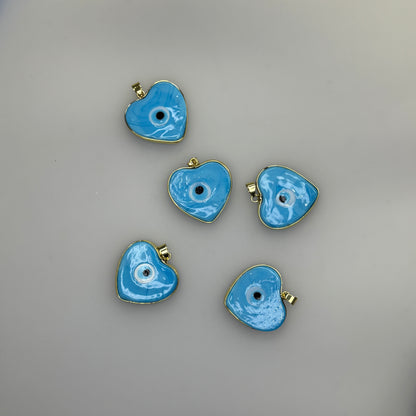 GLASS GOLD TRIM EVIL EYE HEART BLUE CHARM PENDANT