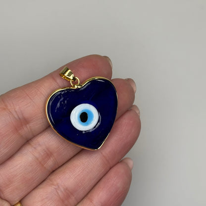 GLASS GOLD TRIM EVIL RYE HEART NAVY CHARM PENDANT