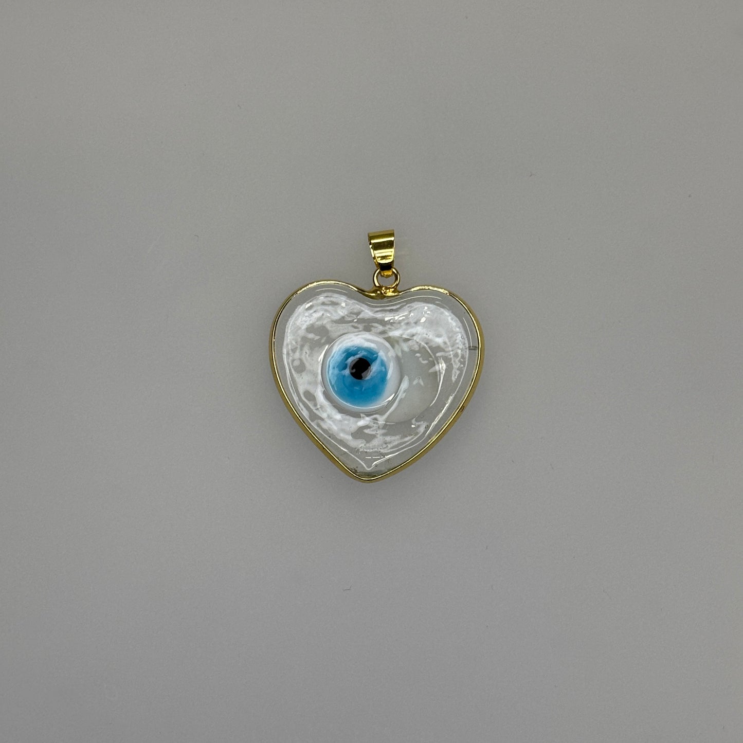 GLASS GOLD TRIM EVIL EYE HEART CLEAR CHARM PENDANT