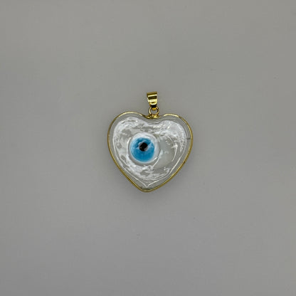 GLASS GOLD TRIM EVIL EYE HEART CLEAR CHARM PENDANT
