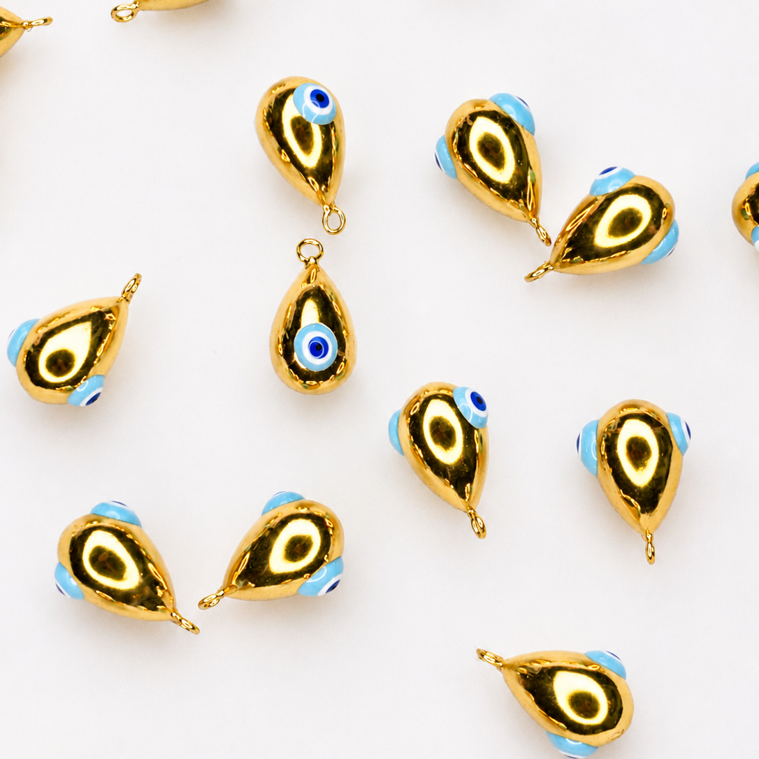 DROP GOLD BLUE EVIL EYE CHARM PENDANT