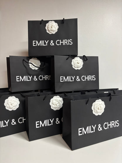 PERSONALISED BLACK & WHITE GIFT BAG WITH CAMELLIA FLOWER