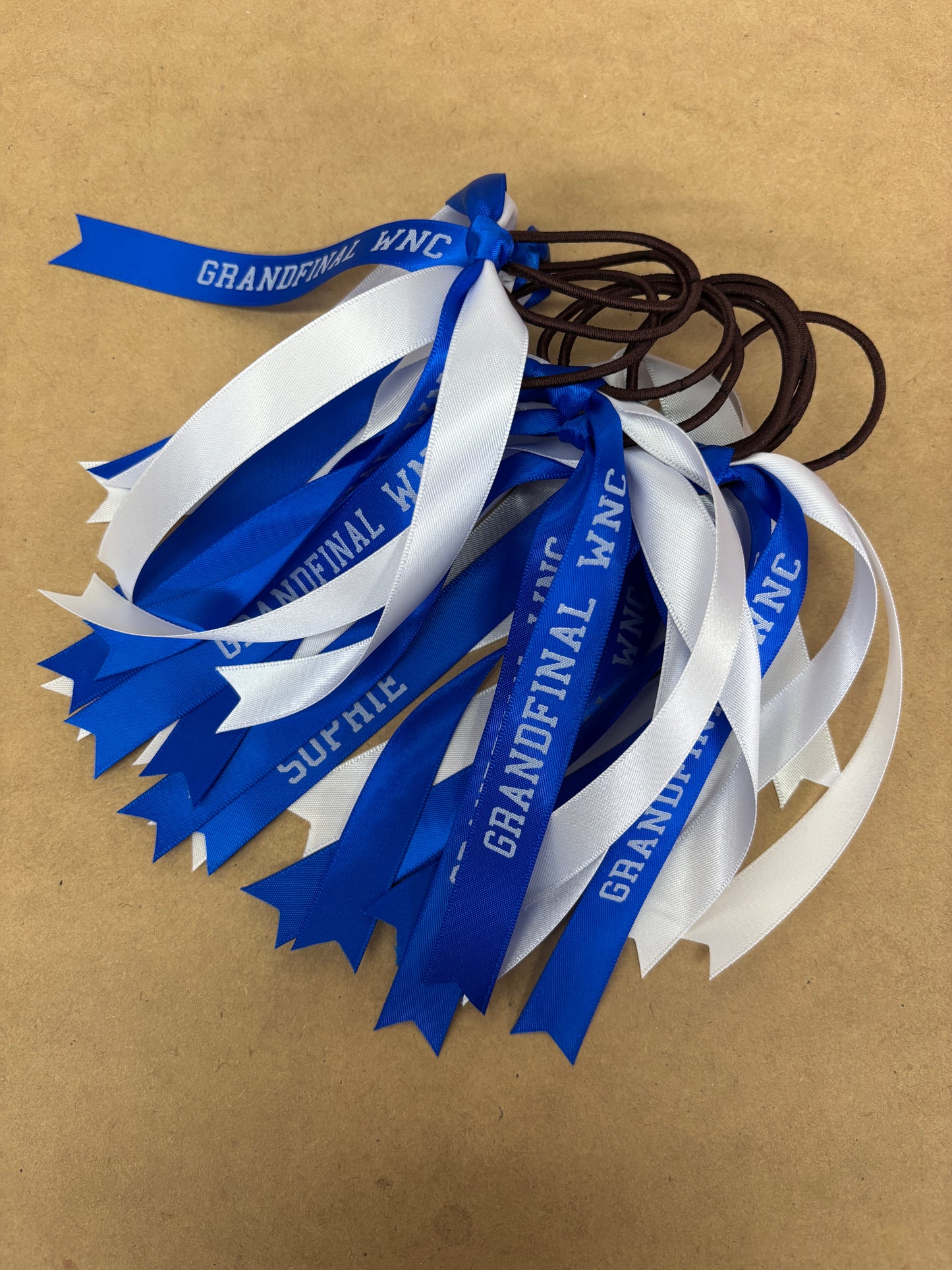 TEAM HAIR RIBBONS 2 COLOURS 15MM HORIZONTAL COLLEGE FONT