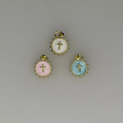 GOLD STUD ROUND CROSS CHARM PENDANT PINK