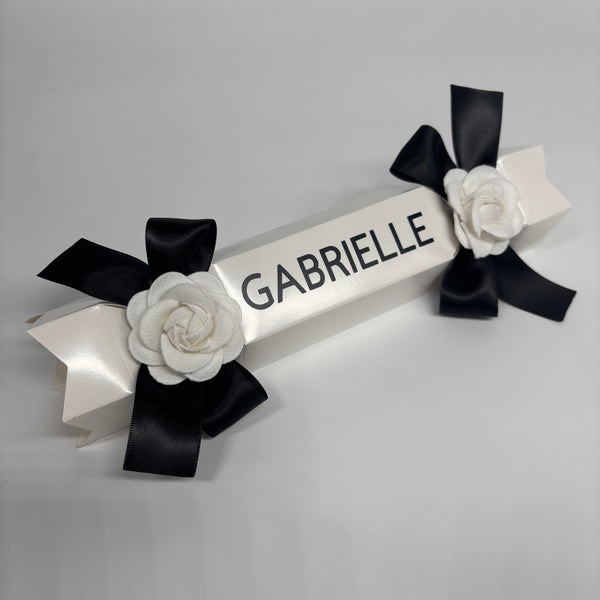 PERSONALISED CHRISTMAS CRACKERS BLACK & WHITE CAMELLIA