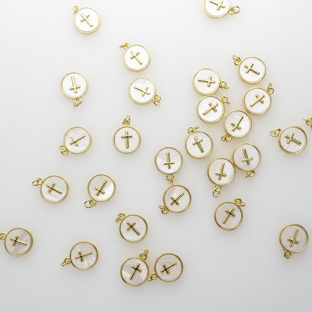 GOLD CROSS WITH MOTHER OF PEARL INLAY CHARM PENDANT