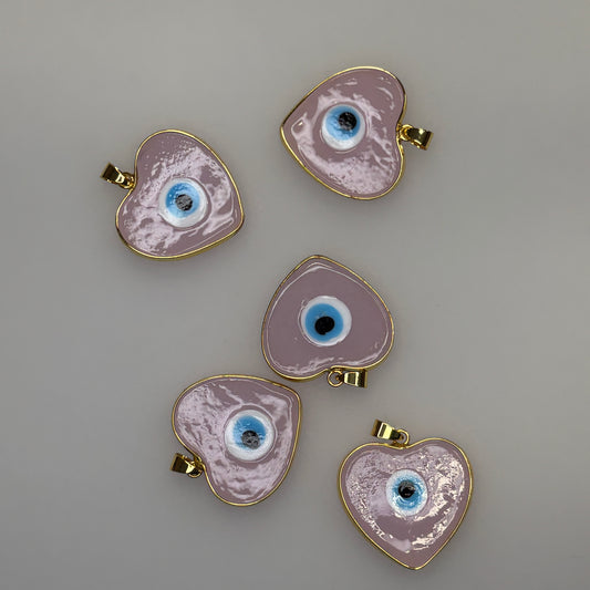 GOLD TRIM EVIL EYE HEART PINK CHARM PENDANT