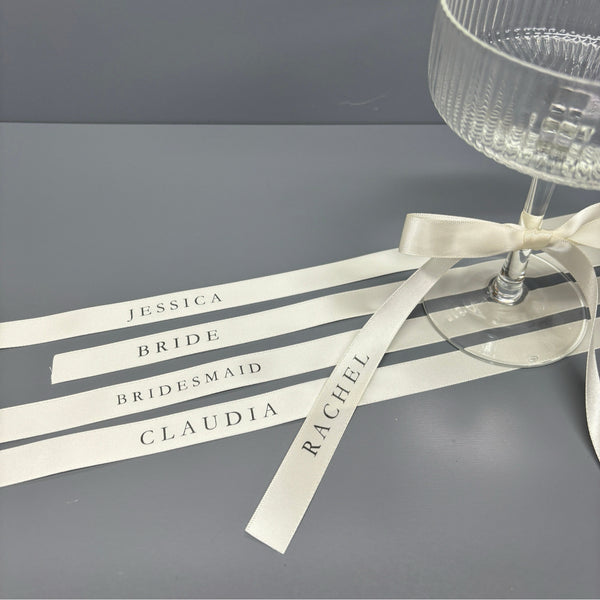 Personalised Wine Glass Ribbon Place Cards 15mm in Garamond Font