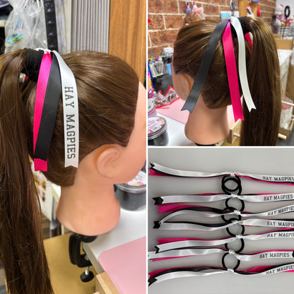 TEAM HAIR RIBBONS 3 COLOURS 15MM HORIZONTAL COLLEGE FONT