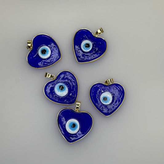 GLASS GOLD TRIM EVIL RYE HEART NAVY CHARM PENDANT