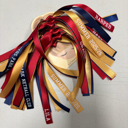 TEAM HAIR RIBBONS 3 COLOURS 15MM COLLEGE FONT