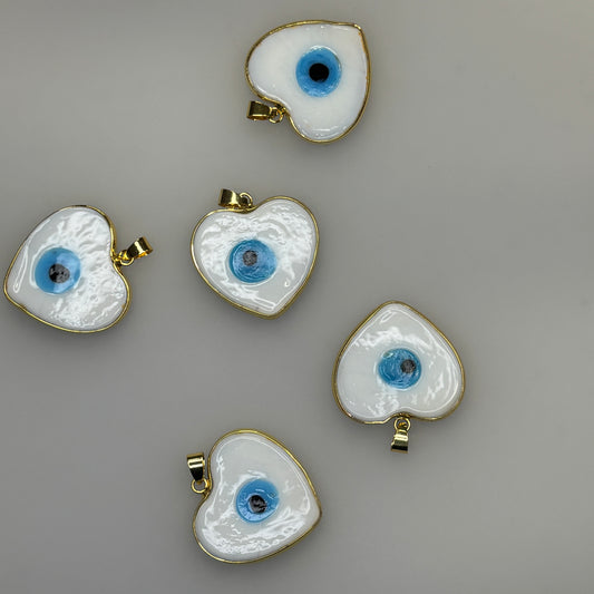 GLASS GOLD TRIM EVIL EYE HEART WHITE CHARM PENDANT