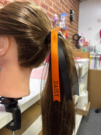 TEAM HAIR RIBBONS 2 COLOURS 15MM HORIZONTAL COLLEGE FONT
