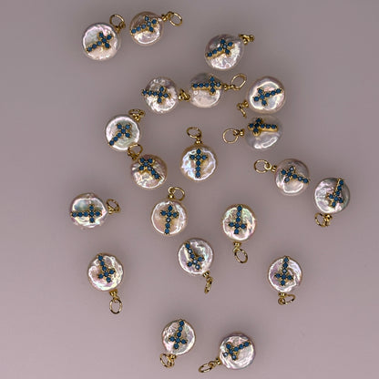 PEARL CHARM WITH BLUE STONE GOLD CROSS