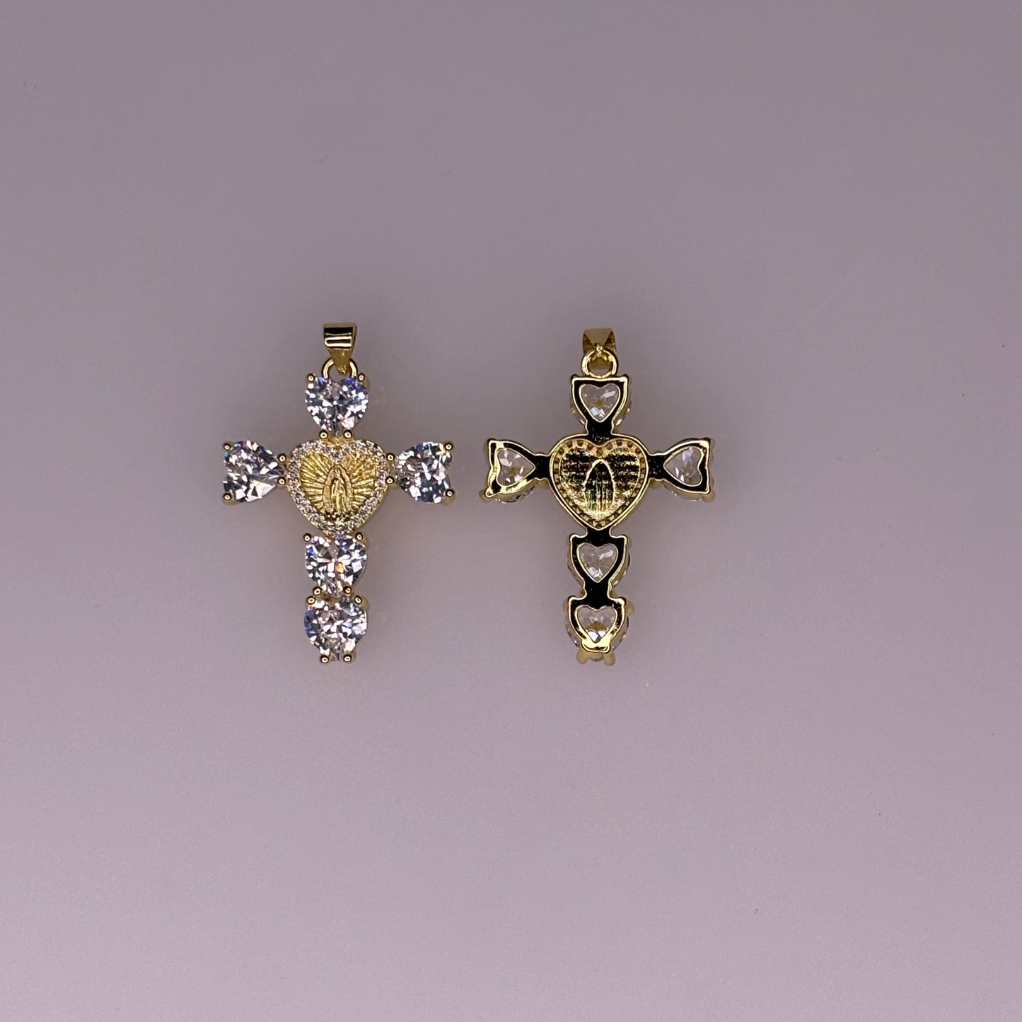 MARY CRYSTAL HEART GOLD CROSS CHARM PENDANT
