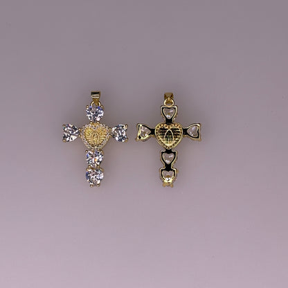 MARY CRYSTAL HEART GOLD CROSS CHARM PENDANT