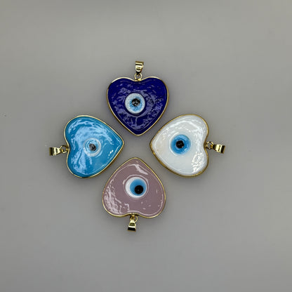 GLASS GOLD TRIM EVIL EYE HEART WHITE CHARM PENDANT