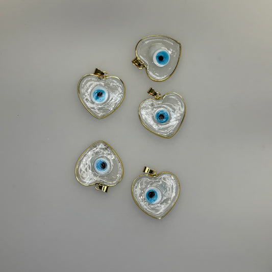 GLASS GOLD TRIM EVIL EYE HEART CLEAR CHARM PENDANT