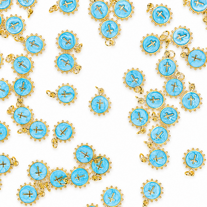 GOLD STUD ROUND CROSS CHARM PENDANT BLUE