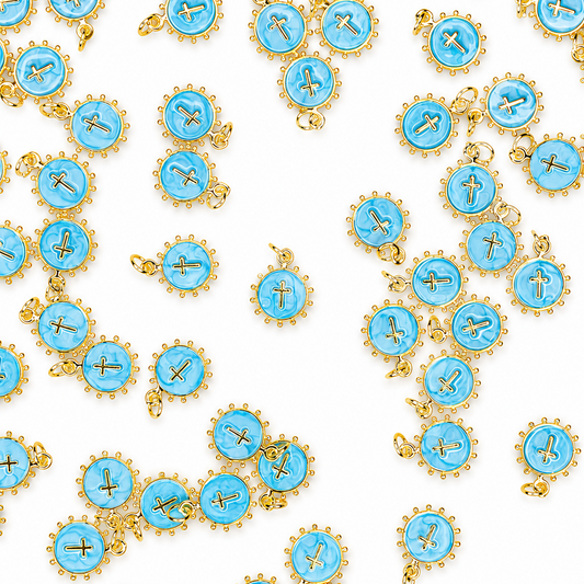 GOLD STUD ROUND CROSS CHARM PENDANT BLUE