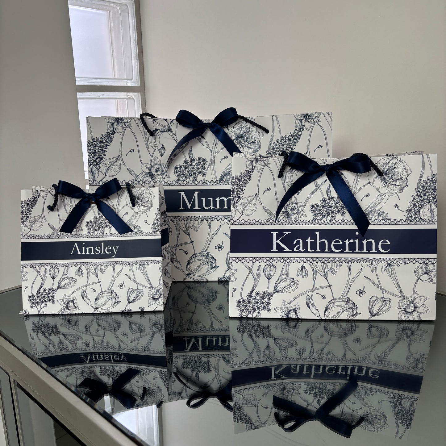 PERSONALISED NAVY & WHITE FLORAL GIFT BAG