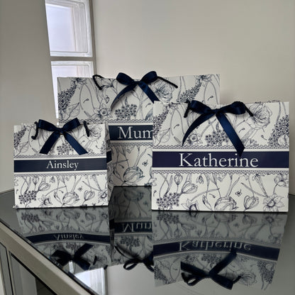 PERSONALISED NAVY & WHITE FLORAL GIFT BAG