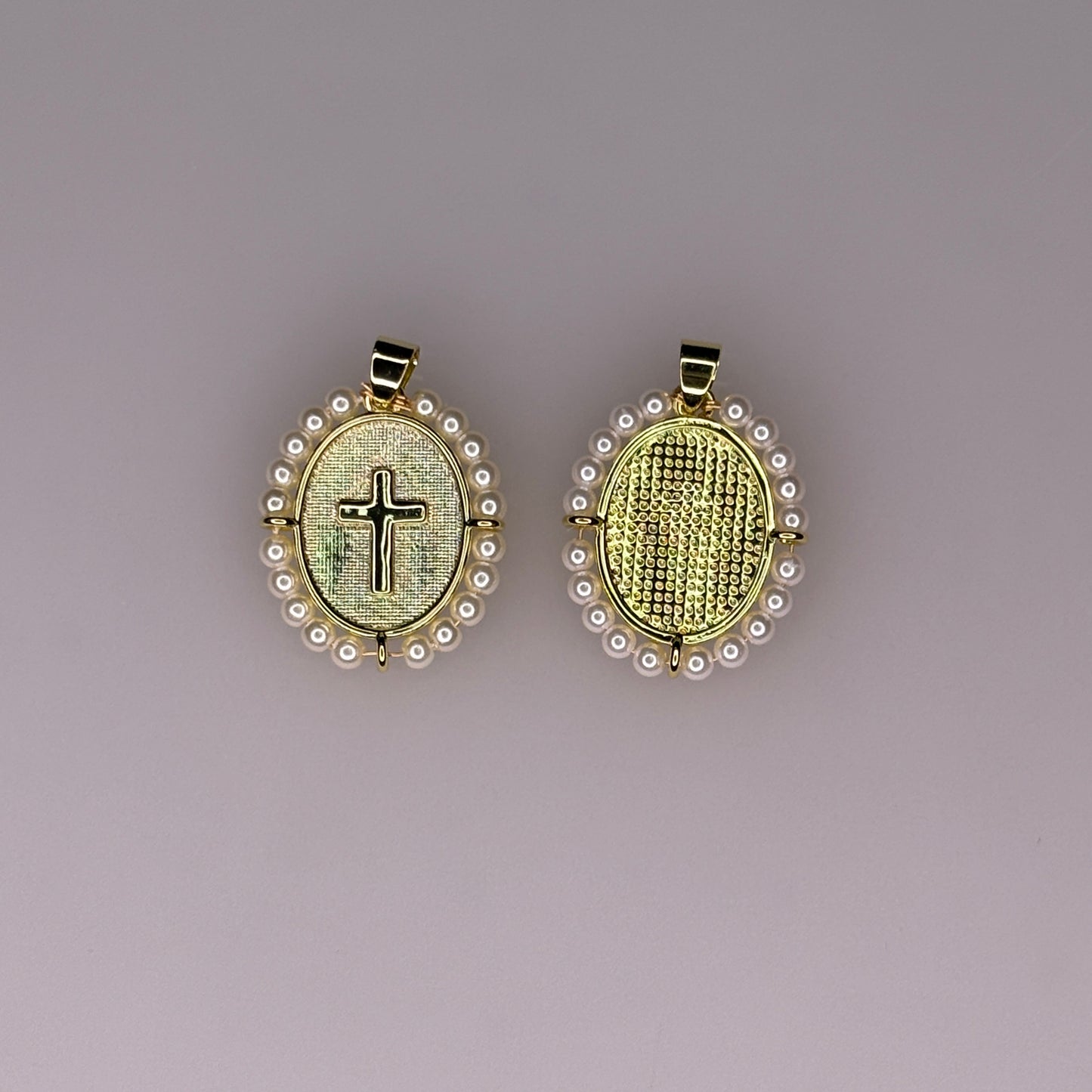 OVAL GOLD PEARL CROSS CHARM PENDANT