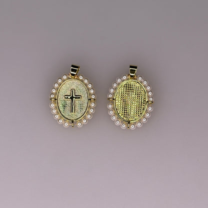 OVAL GOLD PEARL CROSS CHARM PENDANT