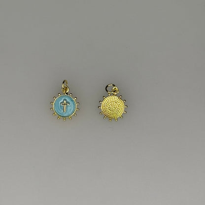 GOLD STUD ROUND CROSS CHARM PENDANT BLUE