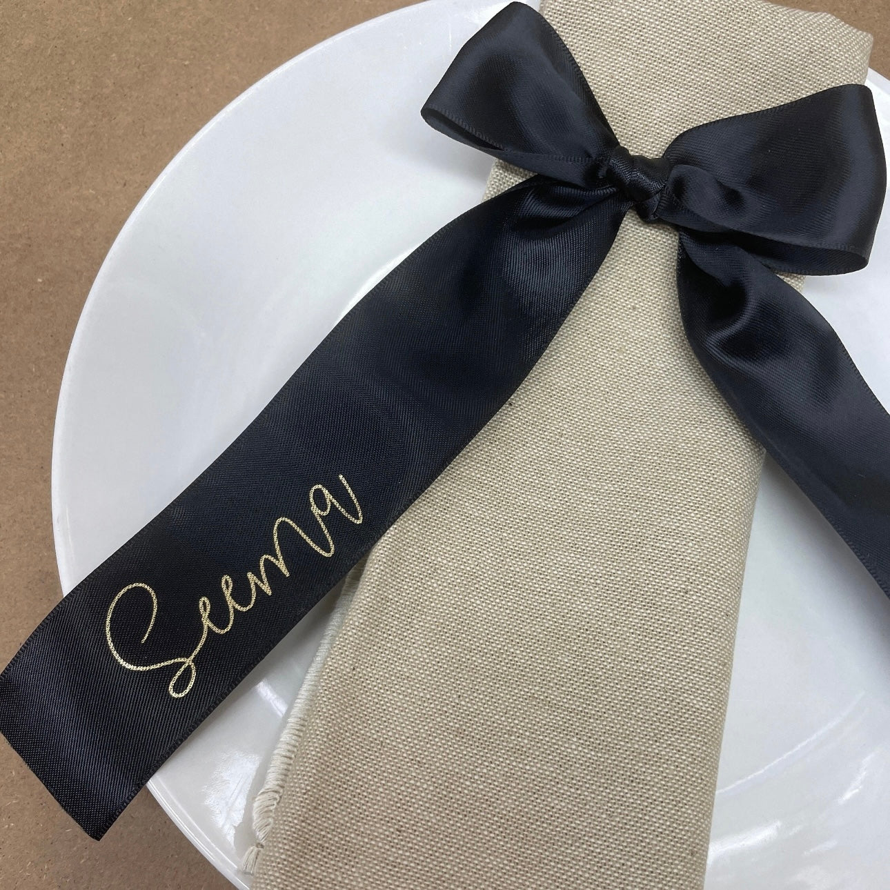 CUSTOM PRINT RIBBON 38MM PLACE CARD BOWS STYLISH FONT