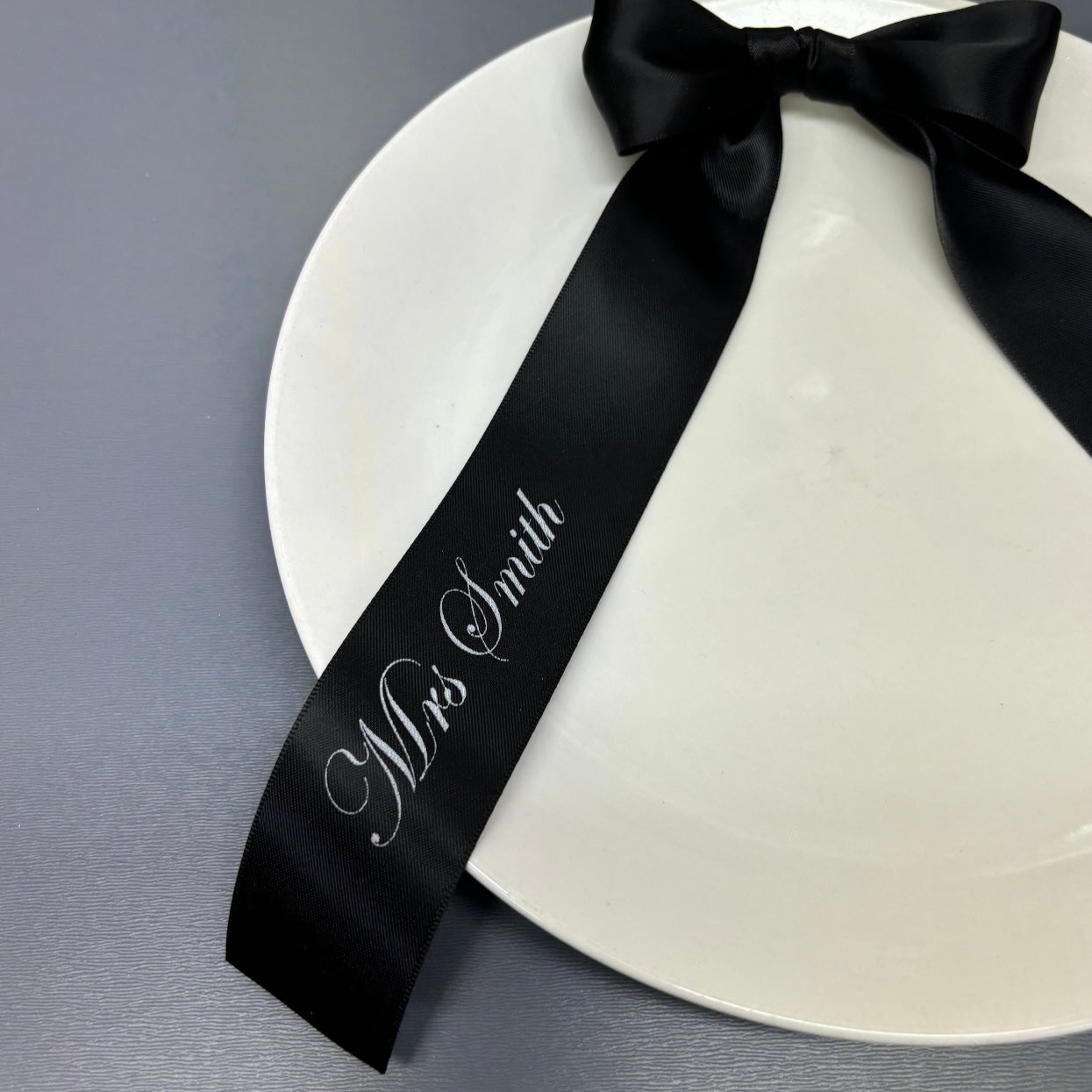 CUSTOM PRINT RIBBON 38MM PLACE CARD BOWS EDWARDIAN FONT
