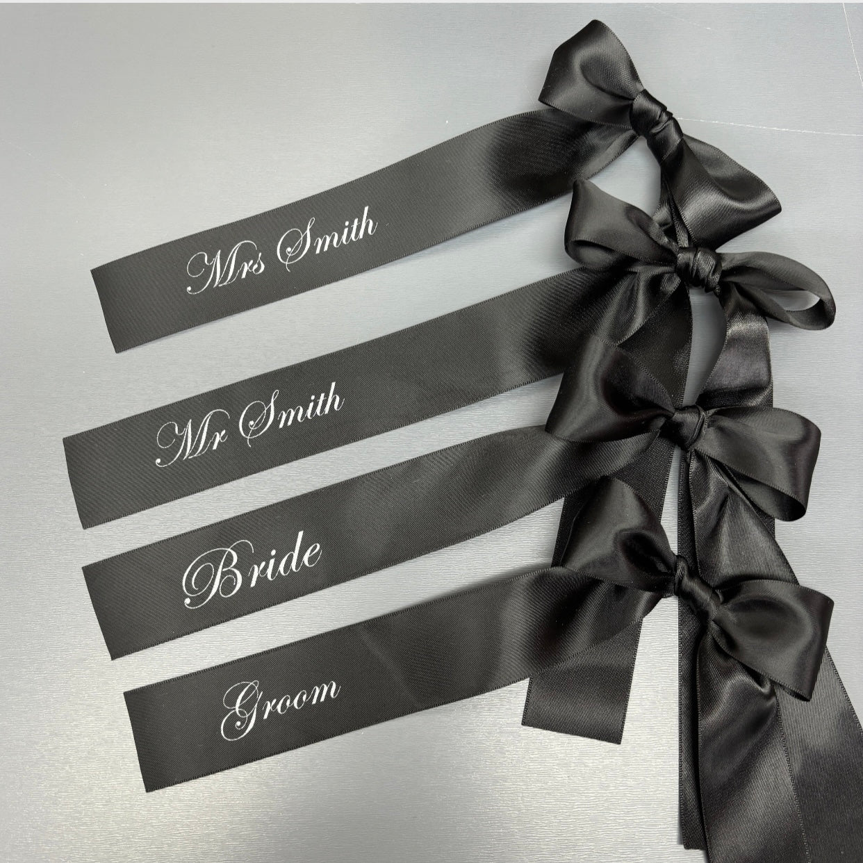 CUSTOM PRINT RIBBON 38MM PLACE CARD BOWS EDWARDIAN FONT