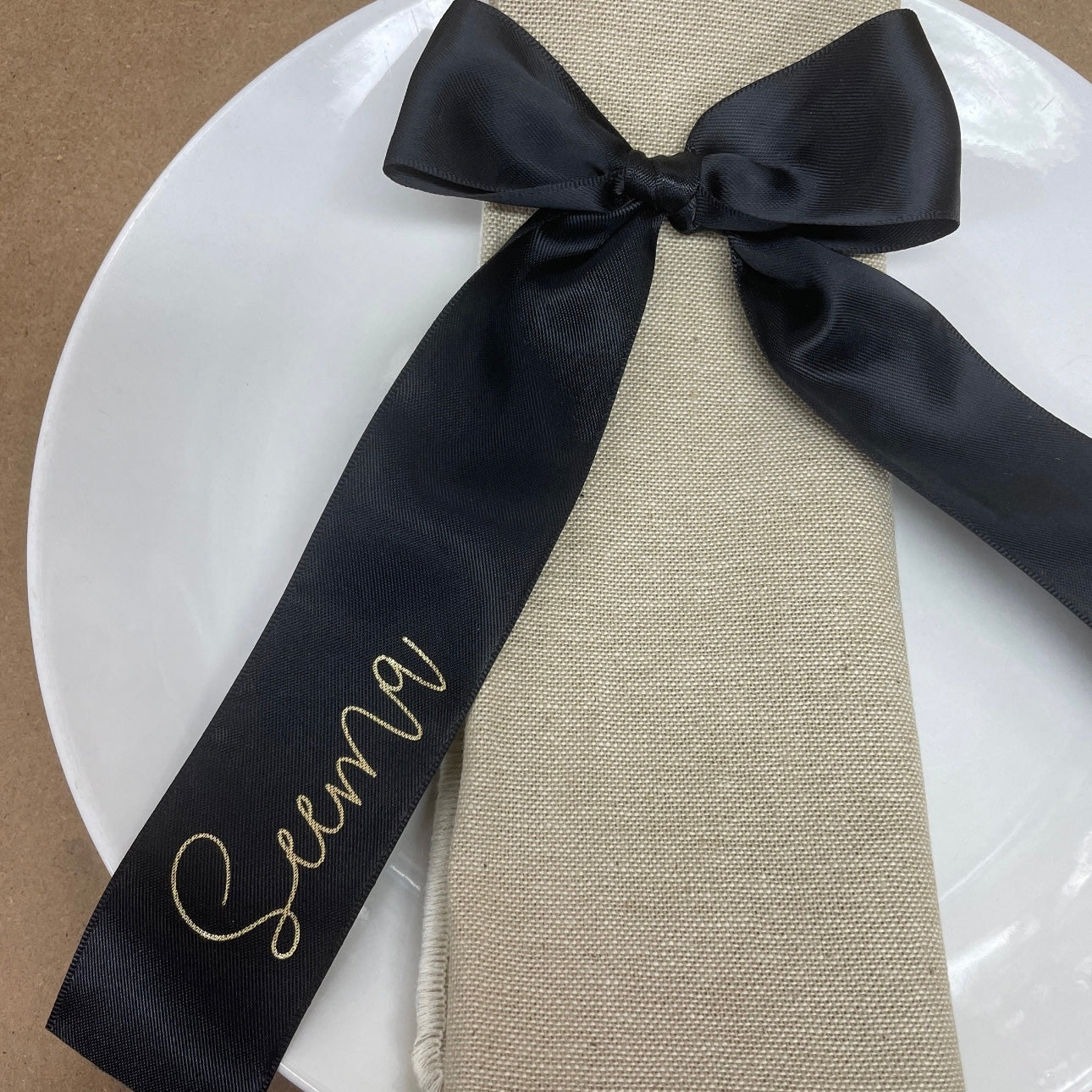 CUSTOM PRINT RIBBON 38MM PLACE CARD BOWS STYLISH FONT