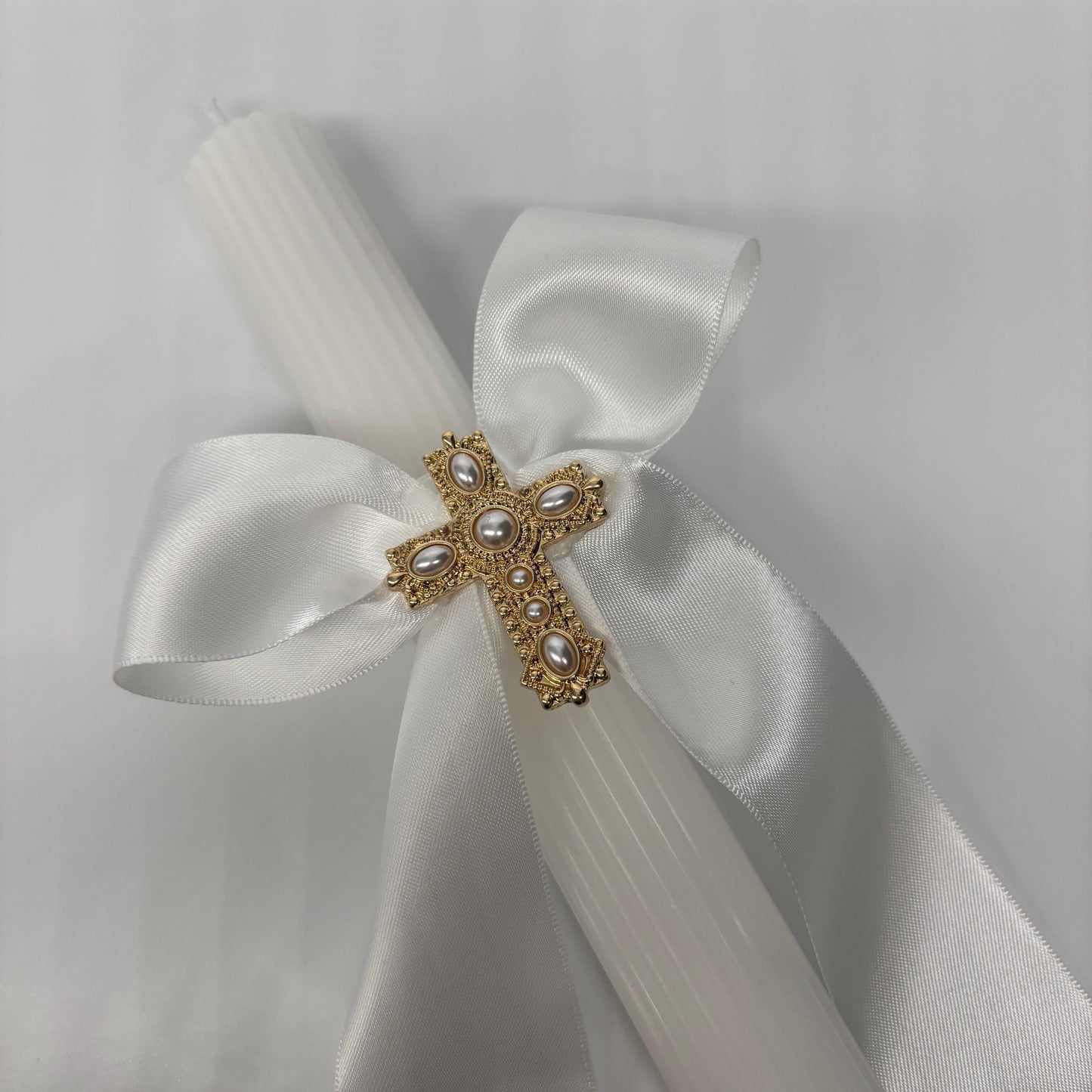 Gold Pearl Cross and White Easter Palm Sunday Candle Lambatha Orthodox Easter
