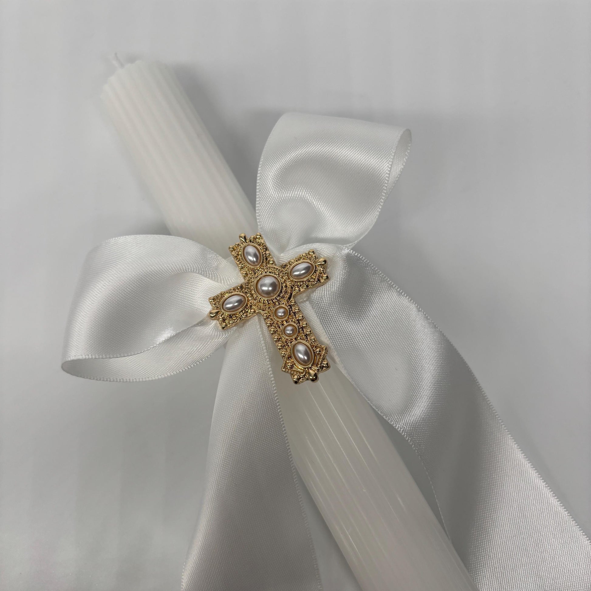 Gold Pearl Cross and White Easter Palm Sunday Candle Lambatha Orthodox Easter
