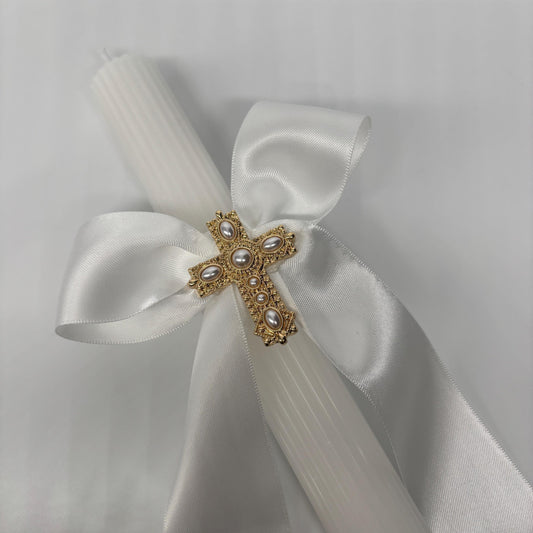 Gold Pearl Cross and White Easter Palm Sunday Candle Lambatha Orthodox Easter