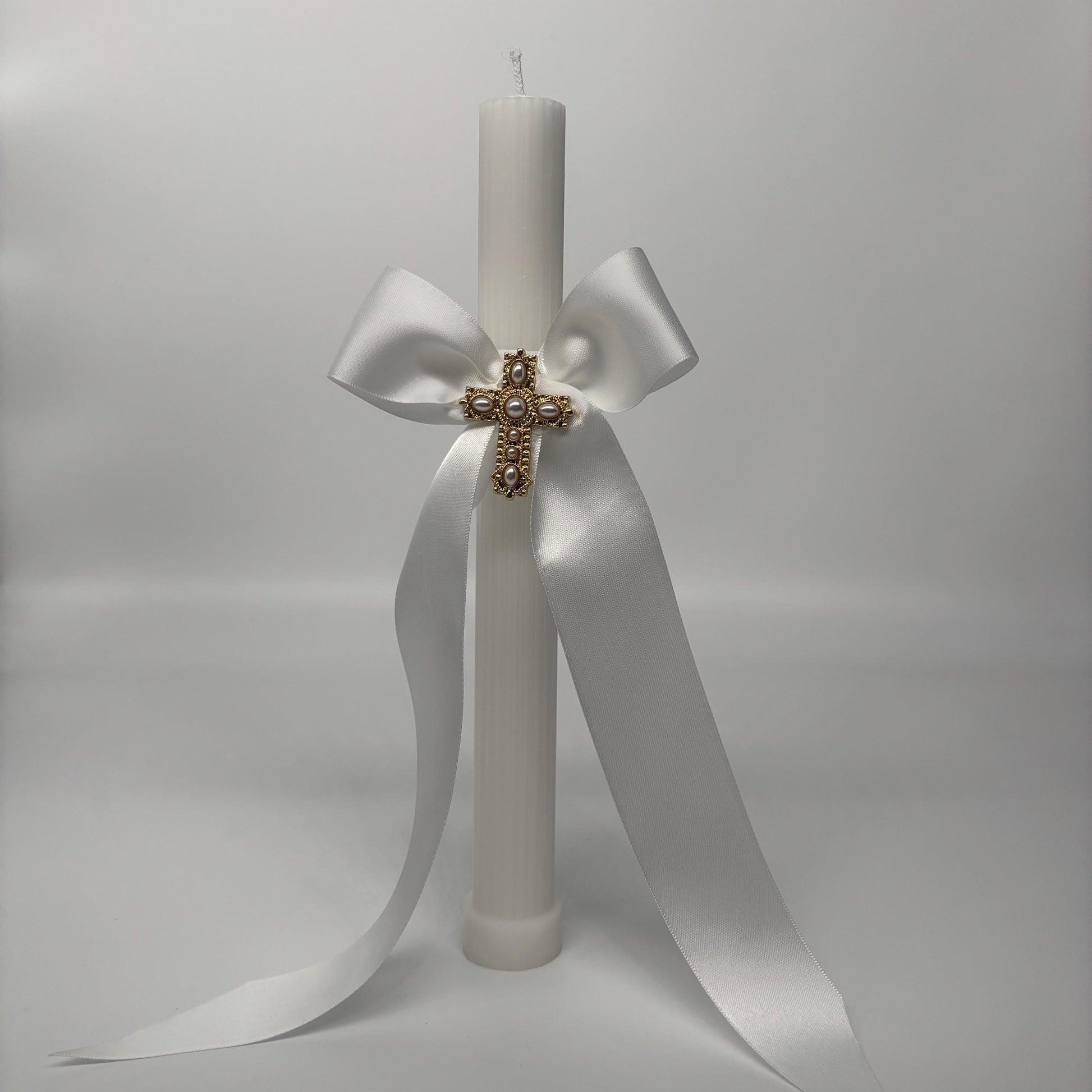 Gold Pearl Cross and White Easter Palm Sunday Candle Lambatha Orthodox Easter