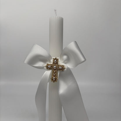Gold Pearl Cross and White Easter Palm Sunday Candle Lambatha Orthodox Easter