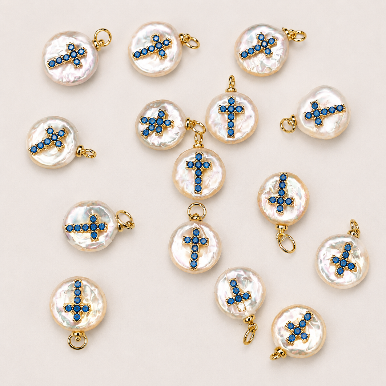 PEARL CHARM WITH BLUE STONE GOLD CROSS