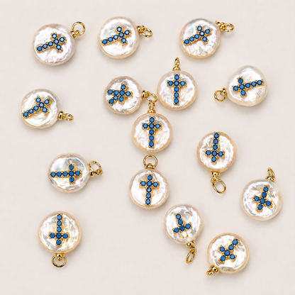 PEARL CHARM WITH BLUE STONE GOLD CROSS