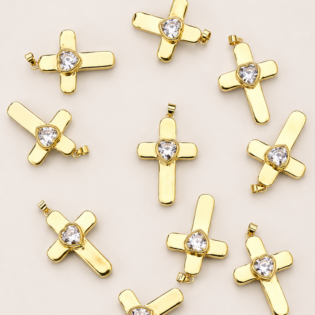GOLD CROSS CHARM PENDANT WITH CRYSTAL HEART