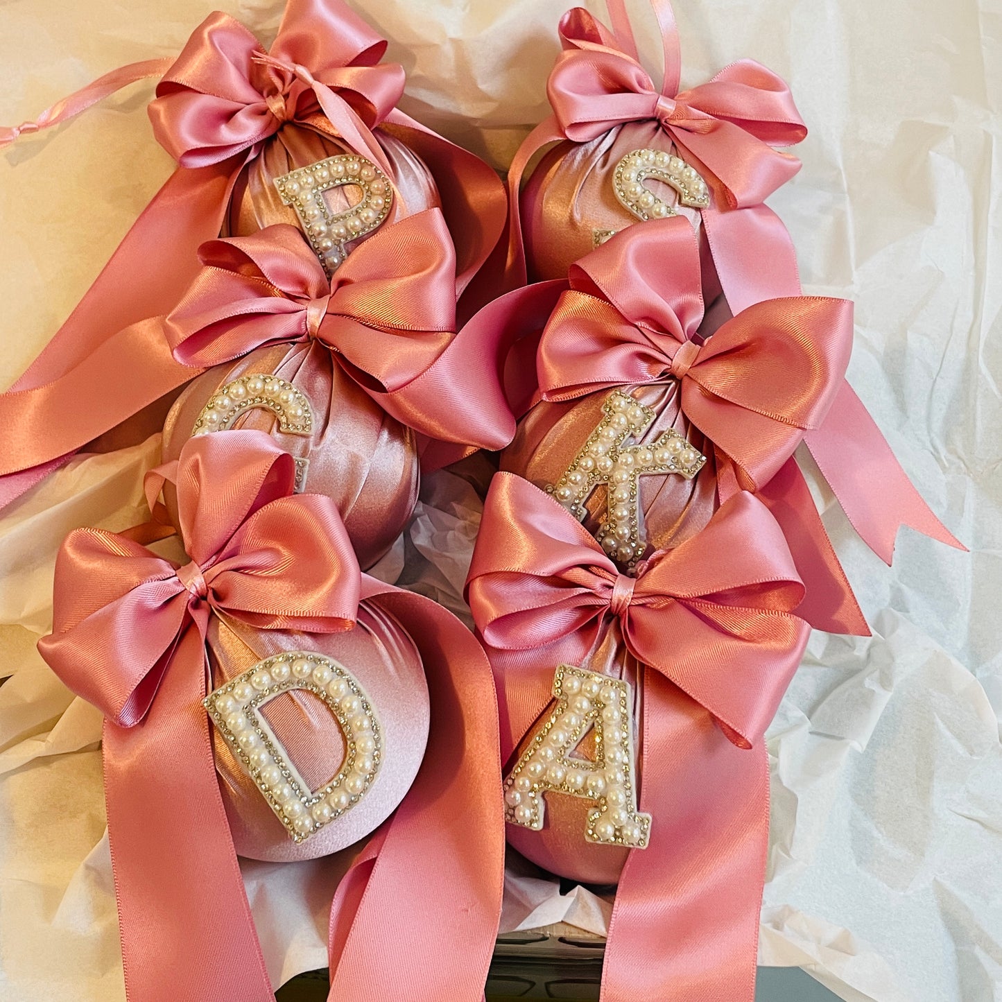 PEARL INITIAL BLUSH MATTE SATIN CHRISTMAS BAUBLES