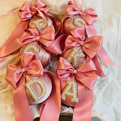 PEARL INITIAL BLUSH MATTE SATIN CHRISTMAS BAUBLES