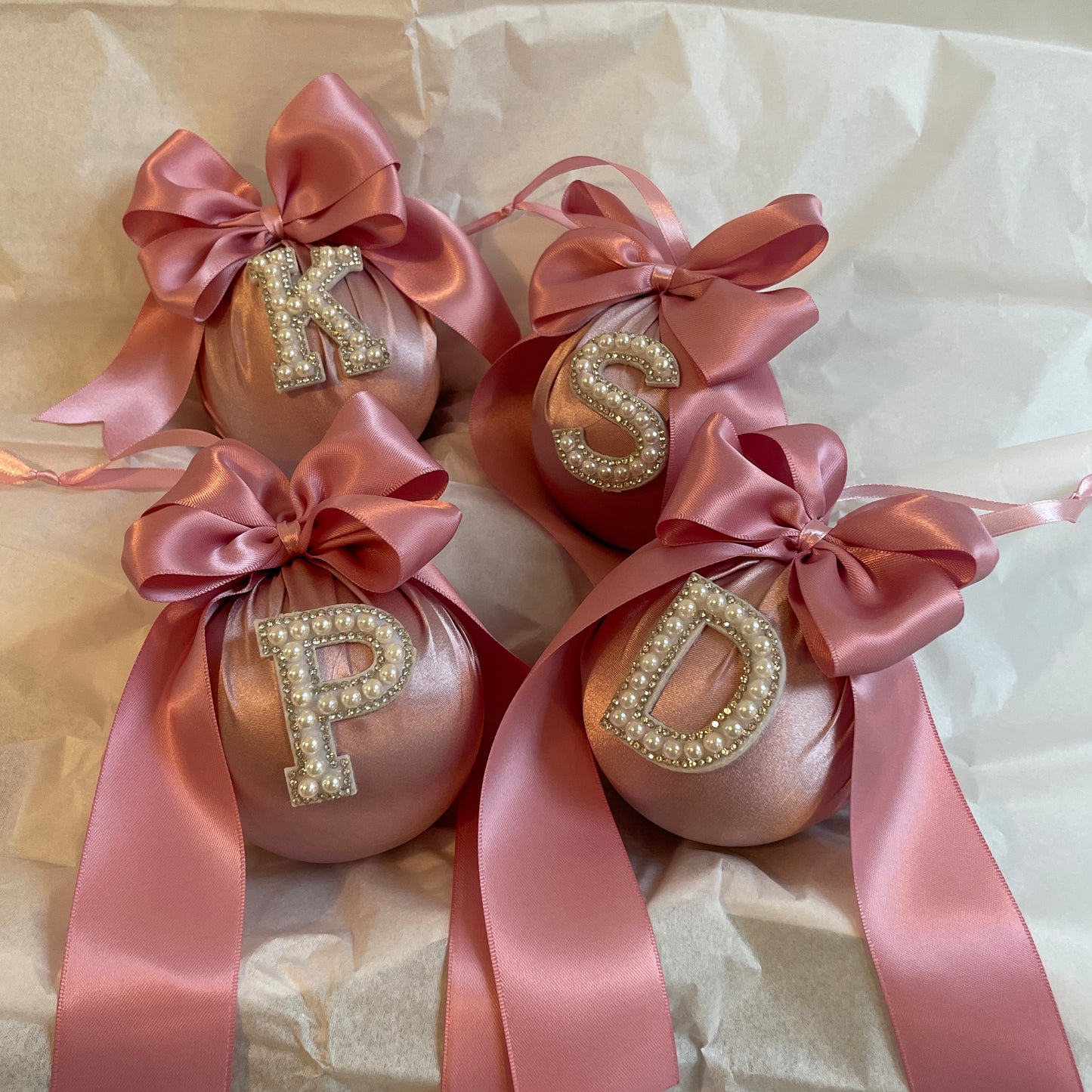 PEARL INITIAL BLUSH MATTE SATIN CHRISTMAS BAUBLES